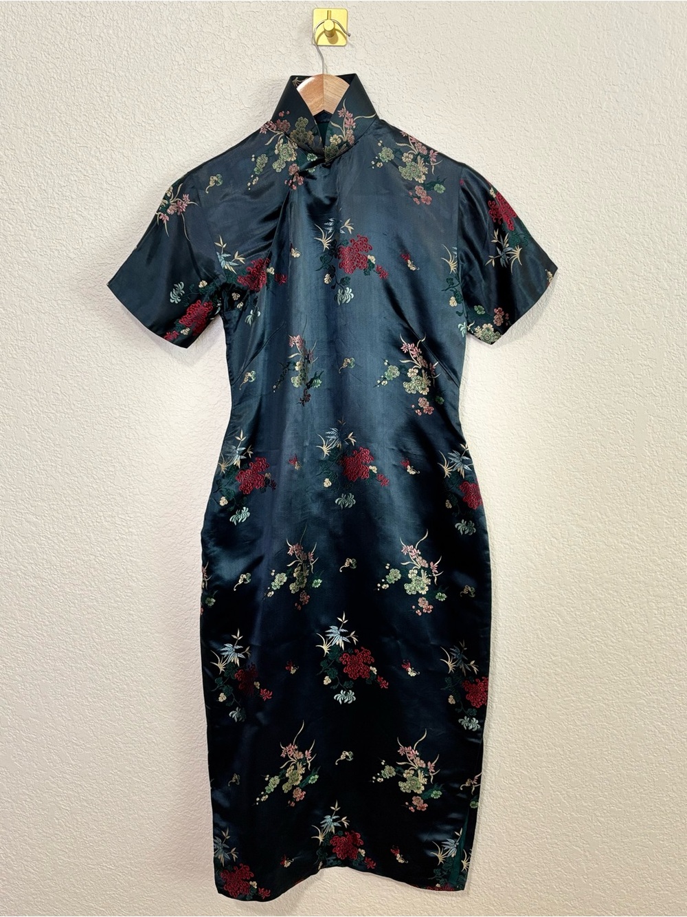 Vintage Black Satin Floral Cheongsam Midi Dress